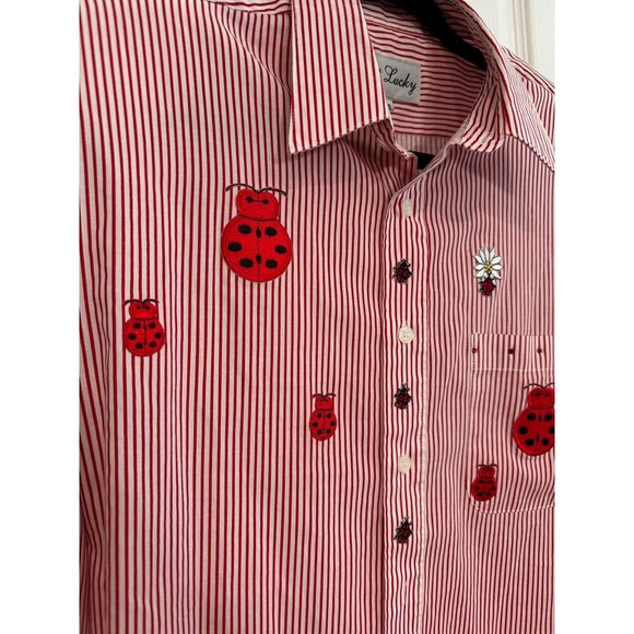Vintage Get Lucky Ladybug Striped Preppy Cottagecore Button Up Shirt - Picture 4 of 9